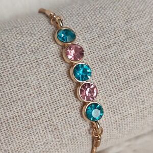 Gold Tone Bracelet Bolo Snake Chain Teal Pink Crystal Rhinestone Adjustable